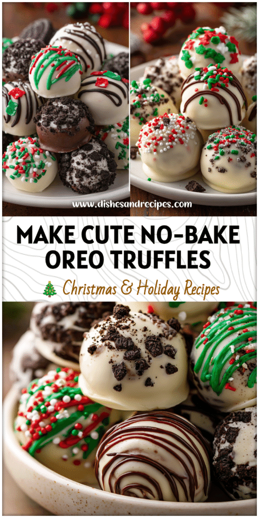 Plate of no-bake Christmas Oreo truffles decorated with sprinkles, perfect as cute holiday treats.
